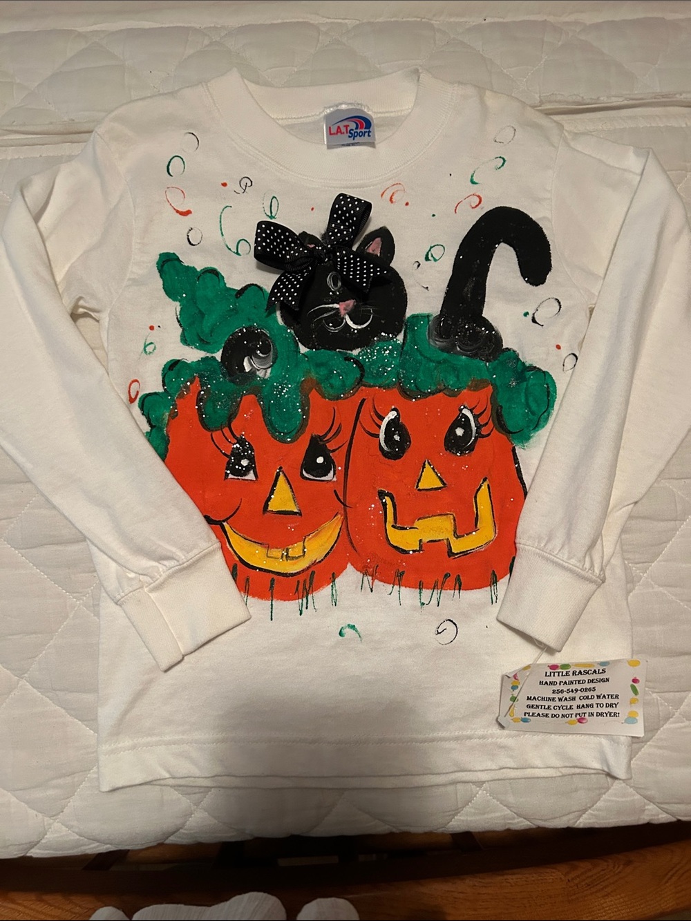 White Kids Halloween Pullover with Orange Pumpkin & Black Cat